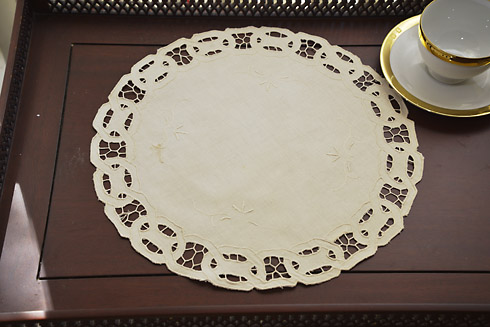 Pearled Ivory color Dynasty Embroidered & Cutworks Doily. 14"RD.